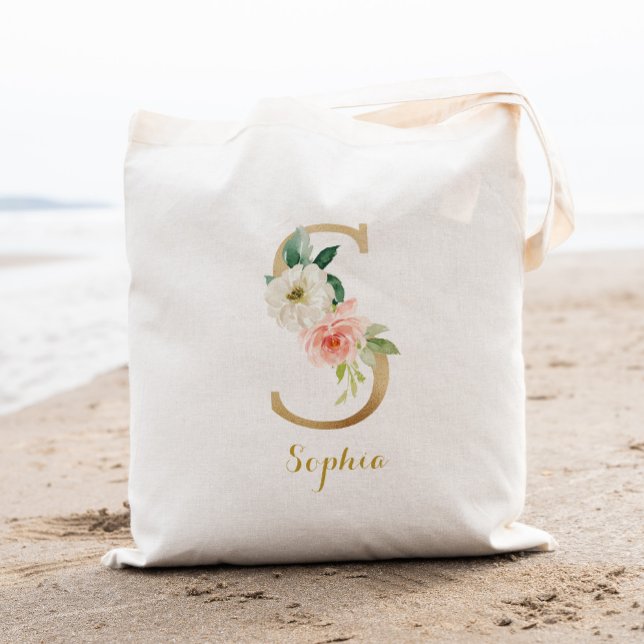 Tote Bag Lettre d'or S et florale floue personnalisée (Créateur téléchargé)