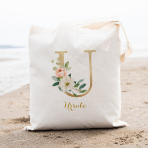 Tote Bag Lettre d'or U et florale floue personnalisée
