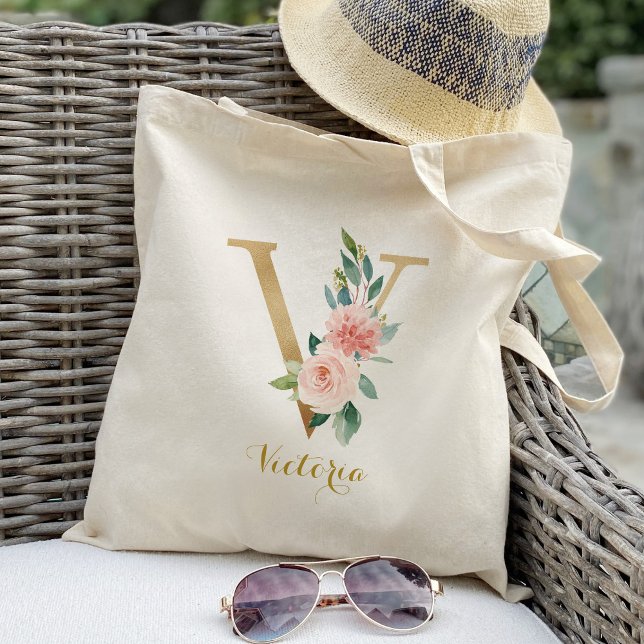 Tote Bag Lettre d'or V et florale floue personnalisée (Créateur téléchargé)