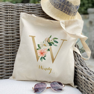 Tote Bag Lettre d'or W et florale floue personnalisée