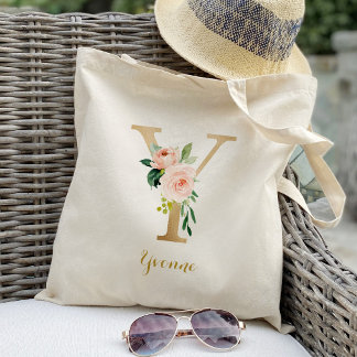 Tote Bag Lettre d'or Y et florale floue personnalisée