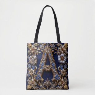 Tote Bag Lettre dorée élégante "A" avec décoration florale 