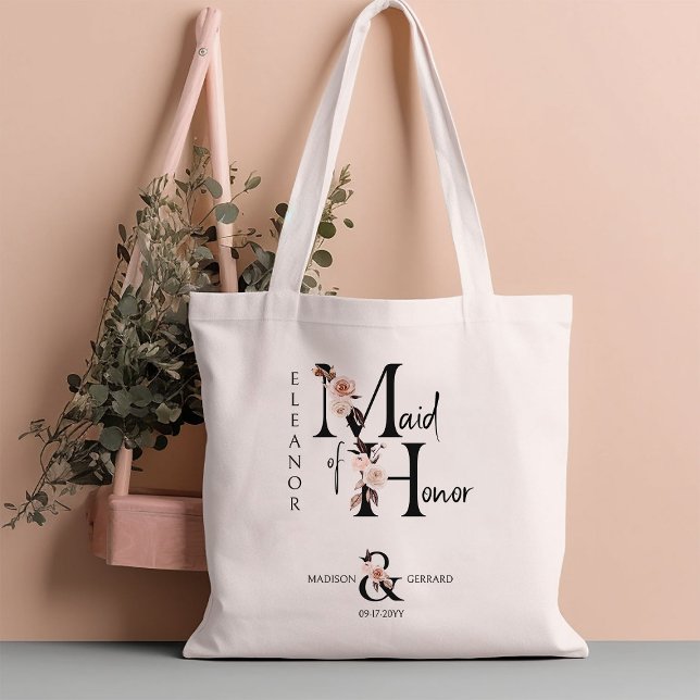 Tote Bag LETTRE FLEURIE D'Honneur Mariage floral Boho (Bridal party gift to personalize for your Maid of Honor)
