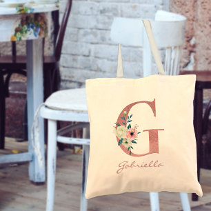 Tote Bag LETTRE FLEURIE G Bouquet rose et ivoire
