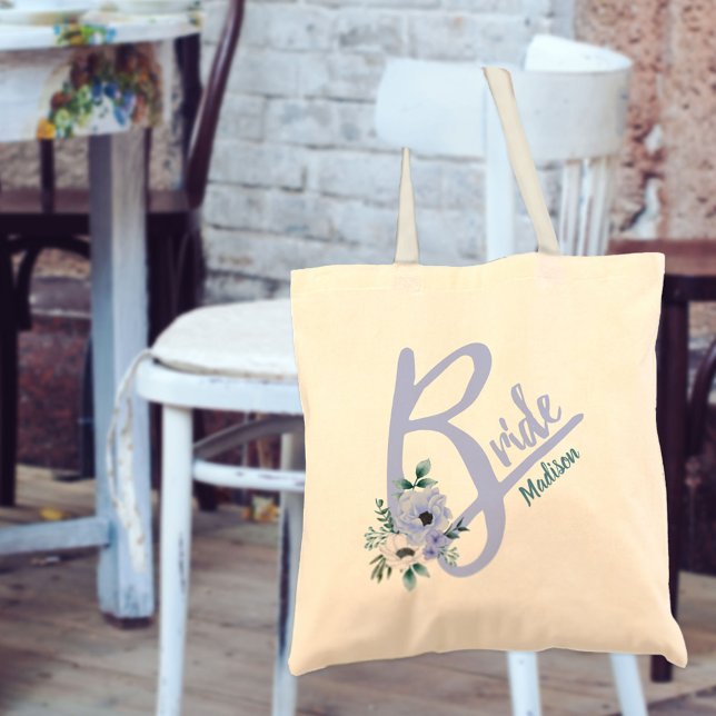 Tote Bag LETTRE Florale Bleu Dusty Mariée personnalisée (Créateur téléchargé)