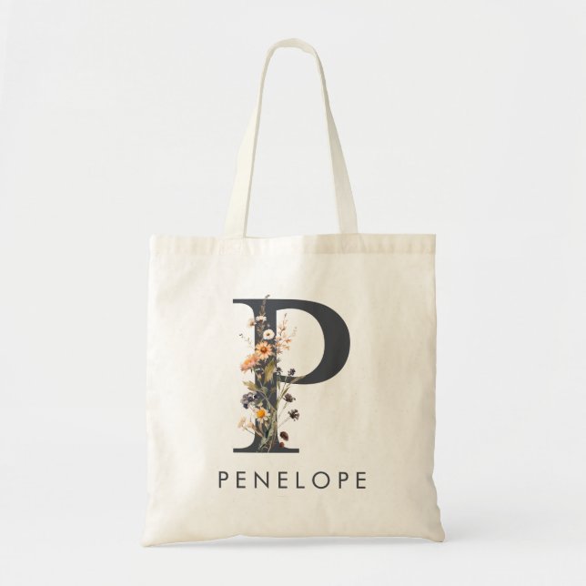 Tote Bag Lettre florale boho P (Devant)