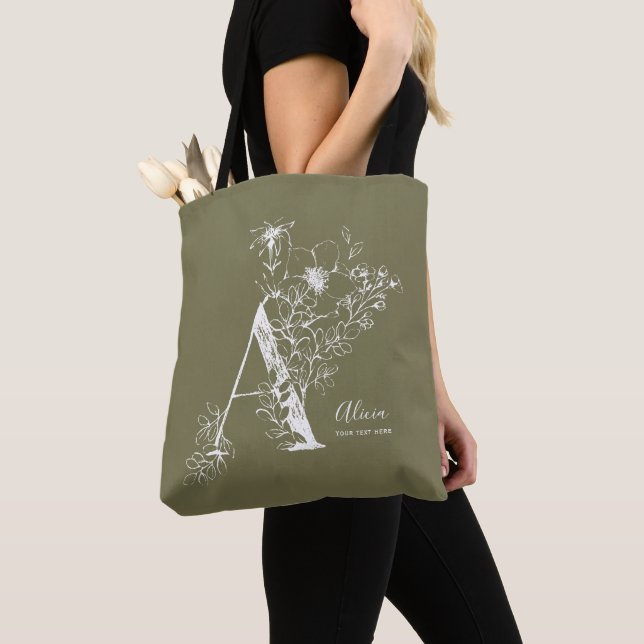 Tote Bag Lettre florale botanique Un monogrammed rustique  (De près)