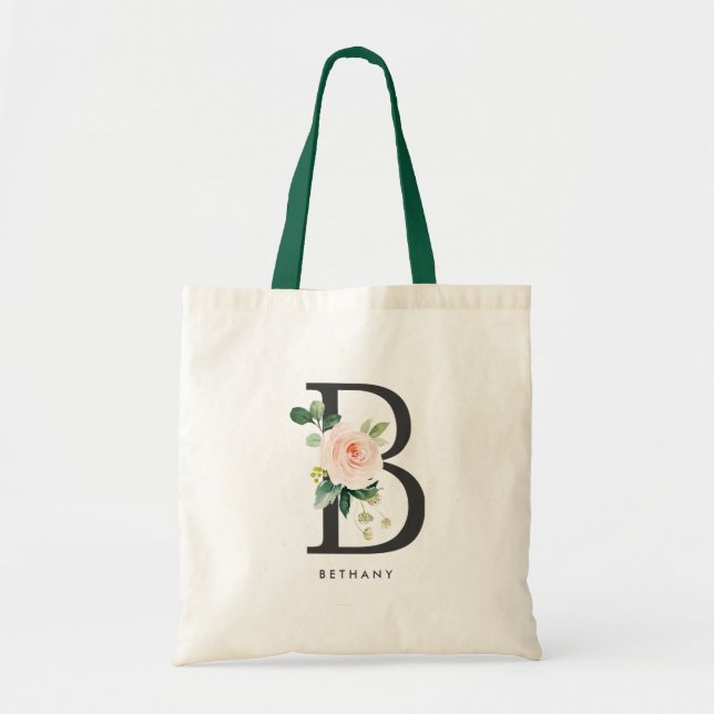 Tote Bag Lettre florale de pivoine B Monogramme noir Brides (Devant)
