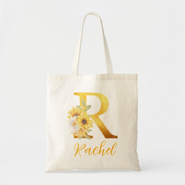 Tote Bag Lettre Florale dorée R Monogramme Mariage Faveur (Devant)