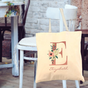 Tote Bag LETTRE Florale E Bouquet rose et ivoire
