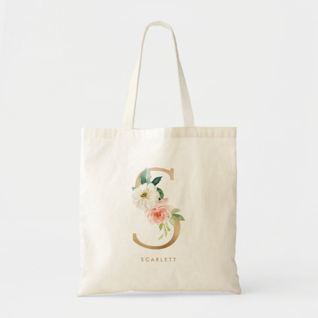 Tote Bag LETTRE Florale Faux Gold Foil S Monogramme Bridesm (Devant)