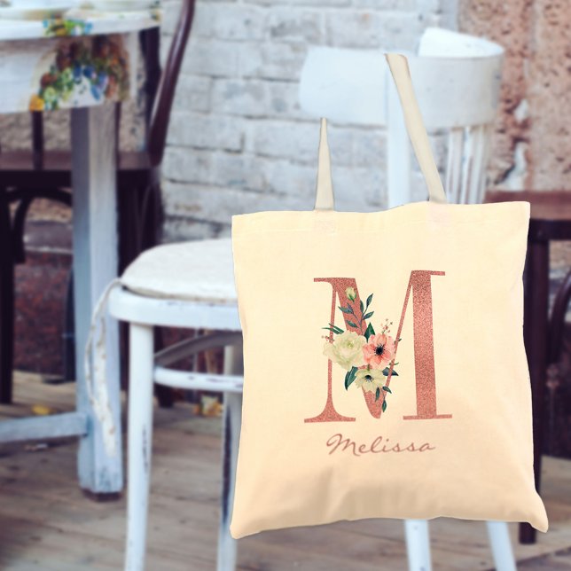 Tote Bag LETTRE Florale M Aquarelle rose et ivoire Bouquet (Créateur téléchargé)
