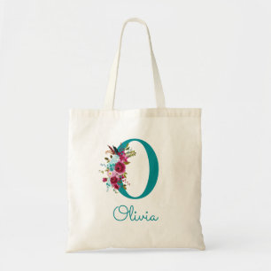 Tote Bag Lettre Florale O Script Monogramme rose Turquoise