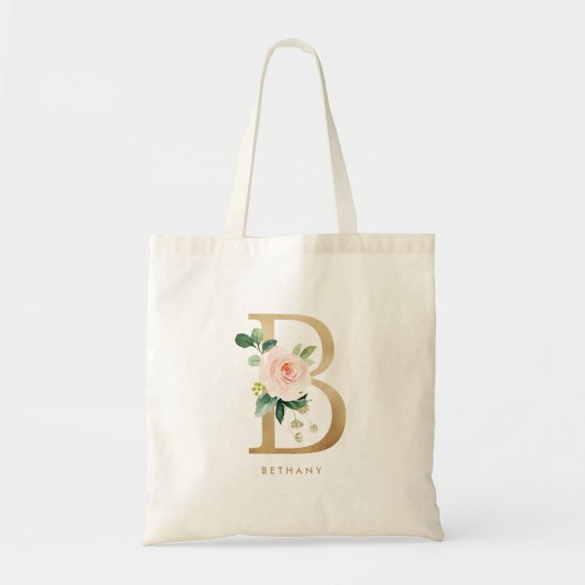 Tote Bag Lettre florale Peony B Monogramme d'or Bridesmaid (Devant)