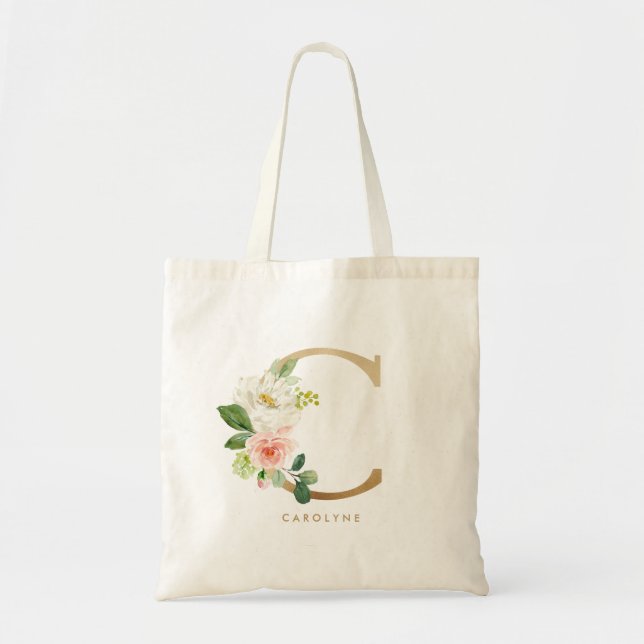 Tote Bag Lettre florale Peony C Monogramme d'or Bridesmaid (Devant)