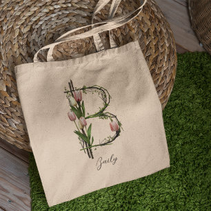 Tote Bag Lettre florale personnalisée 'B' - Cadeau personna