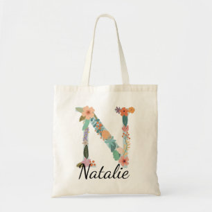 Tote Bag Lettre florale personnalisée L Nom personnalisé bo
