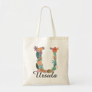 Tote Bag Lettre florale personnalisée U Toile personnalisée