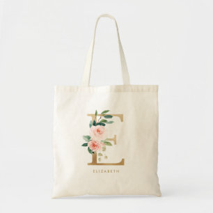 Tote Bag Lettre Florale Pivoine E Monogramme Or Demoiselle 