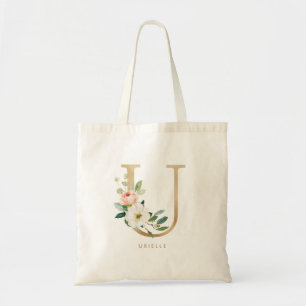 Tote Bag Lettre florale Pivoine U Monogramme Or Demoiselle