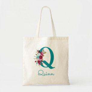 Tote Bag Lettre Florale Q Script Monogramme rose Turquoise