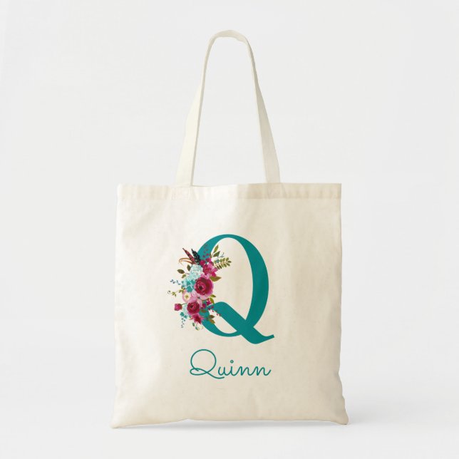 Tote Bag Lettre Florale Q Script Monogramme rose Turquoise (Devant)