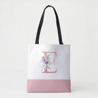Tote Bag Lettre florale rose E personnalisée