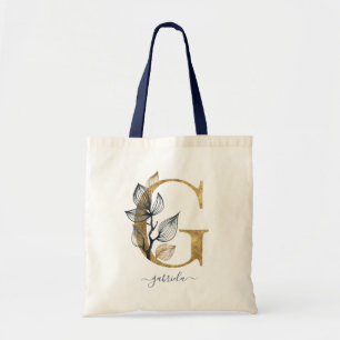 Tote Bag Lettre « G » en monogramme moderne feuille d'or bl