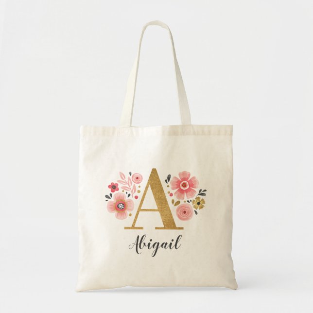 Tote Bag Lettre initiale "A" Floral (Devant)