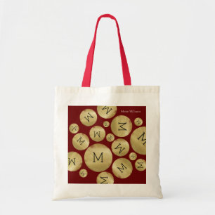 Tote Bag lettre initiale personnalisée sur boules d'or vin