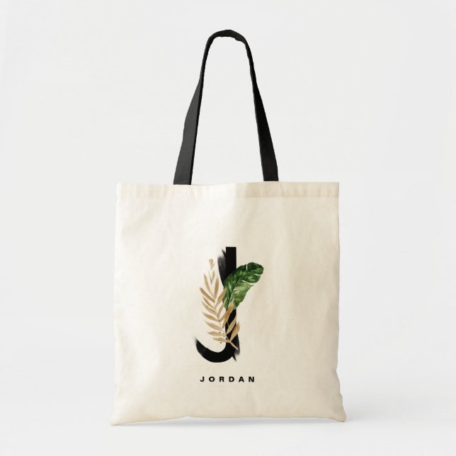 Tote Bag Lettre J Monogramme | Bridesmaid Feuille tropicaux (Devant)