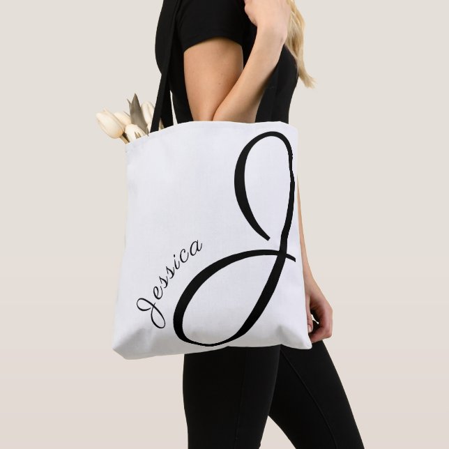 Tote Bag Lettre J - Monogramme + Nom - élégant moderne (De près)