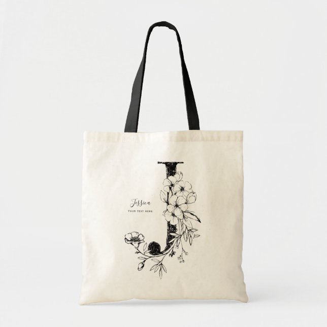 Tote Bag Lettre J Rustique Floral personnalisé initial (Devant)