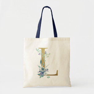 Tote Bag Lettre L Monogramme Doré Fleurs Aquarelle Bleue