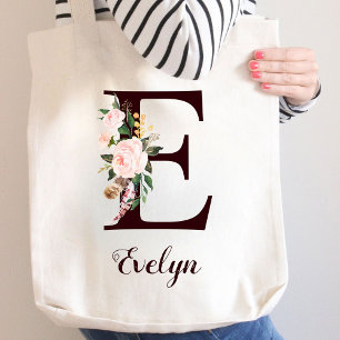 Tote Bag Lettre minimale E Blush Floral Cadeau personnalisé