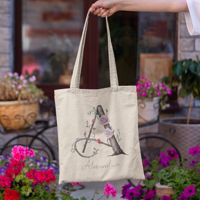 Tote Bag Lettre monogramme florale personnalisée A Cadeau (Créateur téléchargé)