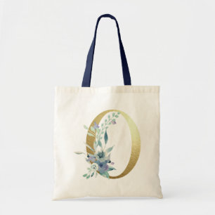 Tote Bag Lettre Monogramme or O Fleurs d'aquarelle bleue