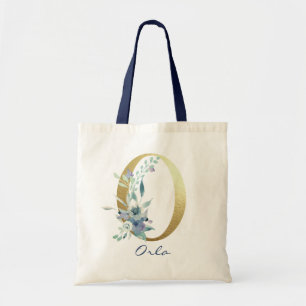 Tote Bag Lettre Monogramme or O Nom bleu Décor Floral