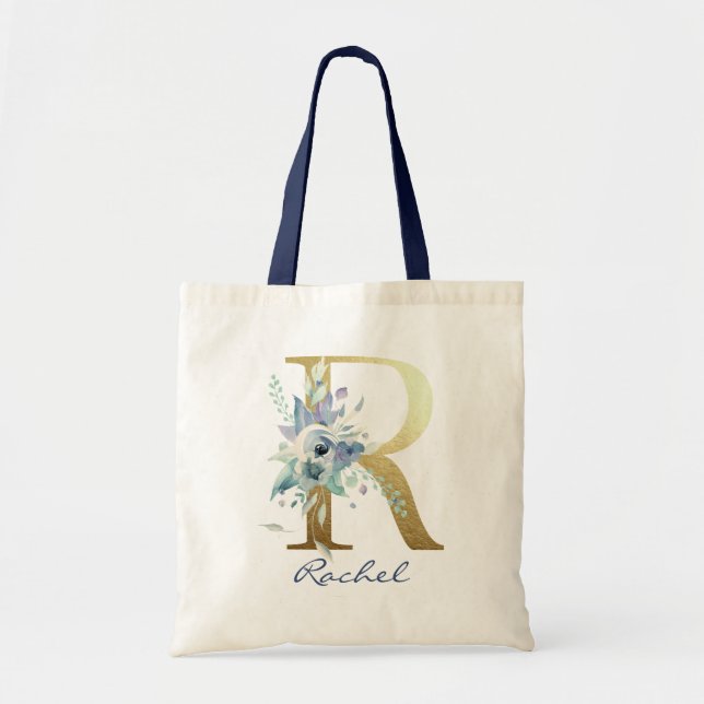 Tote Bag Lettre Monogramme or R Nom bleu Décor floral (Devant)