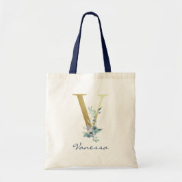 Tote Bag Lettre Monogramme or V Nom bleu Décor fleuri