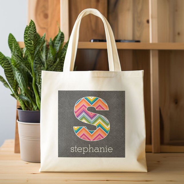 Tote Bag LETTRE MONOGRAPHIQUE CHalkboard S AVEC Bright Chev (Custom Canvas Tote Bag)