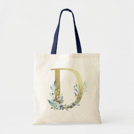 Tote Bag LETTRE MONOGRAPHIQUE D Bleu Aquarelle Fleurs