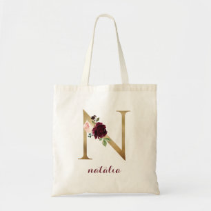 Tote Bag LETTRE MONOGRAPHIQUE D'OR BROUGE Floral "N"