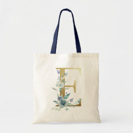 Tote Bag LETTRE MONOGRAPHIQUE D'OR E Fleurs Aquarelles Bleu