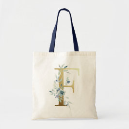 Tote Bag LETTRE MONOGRAPHIQUE D'OR F FLEURS AQUATIQUES Bleu