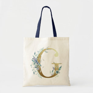 Tote Bag LETTRE MONOGRAPHIQUE D'OR G AQUATICOLE Bleue Fleur