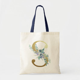 Tote Bag LETTRE MONOGRAPHIQUE D'OR S Aquarelle Bleue Fleurs