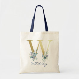 Tote Bag LETTRE MONOGRAPHIQUE D'OR W Bleu Nom Floral Décor