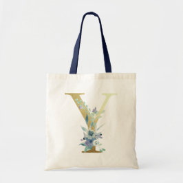 Tote Bag LETTRE MONOGRAPHIQUE D'OR Y Fleurs Aquarelles Bleu