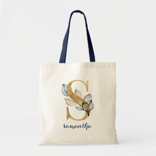 Tote Bag LETTRE MONOGRAPHIQUE EN FEUILLE D'OR Bleu Floral "
